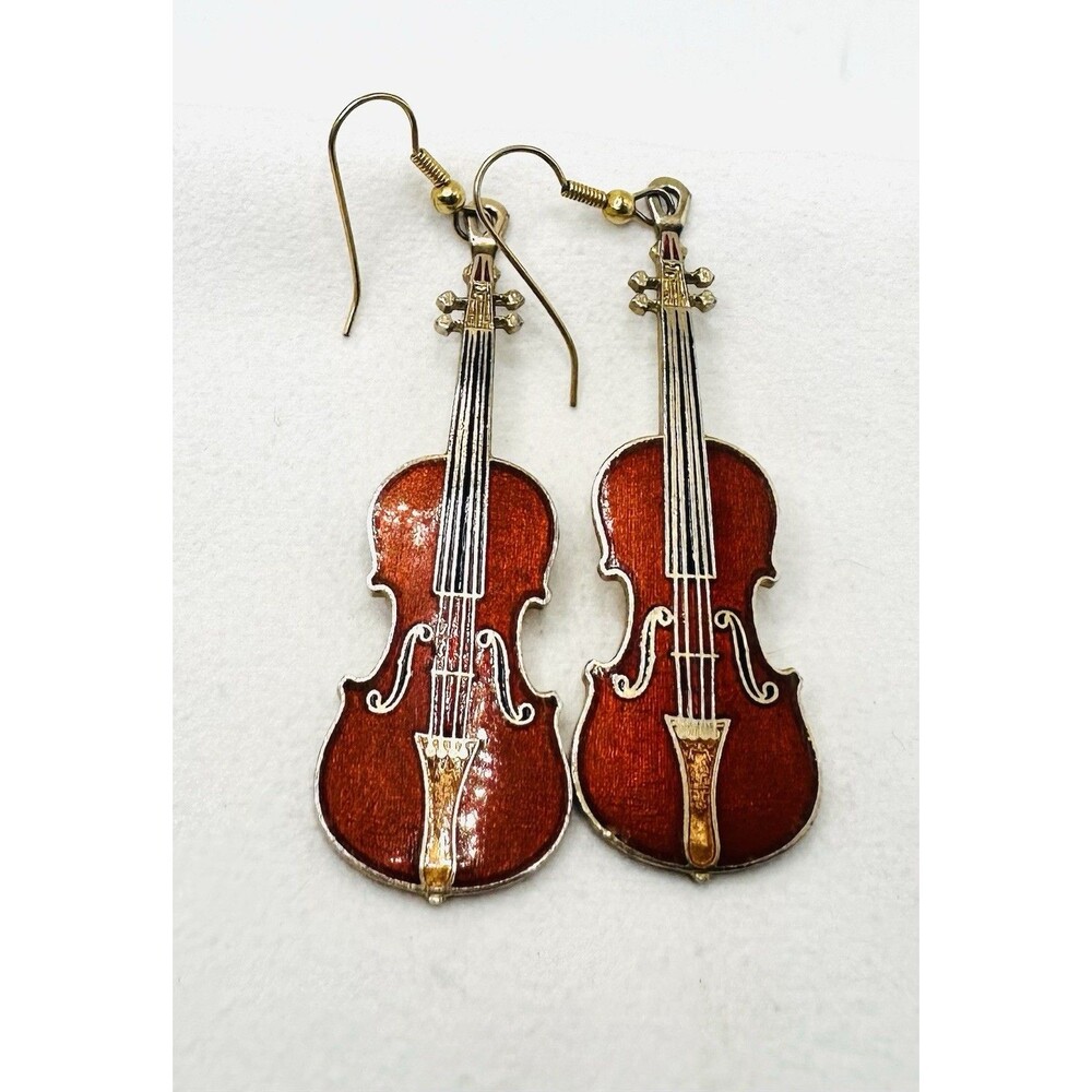 Vintage Future Primitive Violin Earrings Enamel Red Fiddle Musician Dangle
